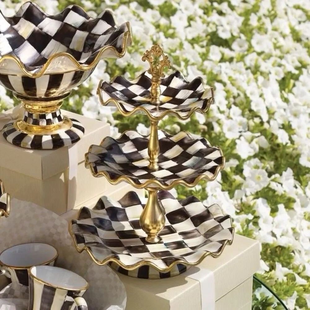 MacKenzie-Childs Courtly Check 3 Tier Sweet Stand Ceramic Gold 17”